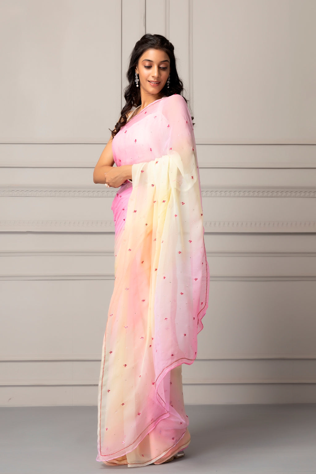 Pastel Pink Shaded Hand Embroidered Chiffon Saree
