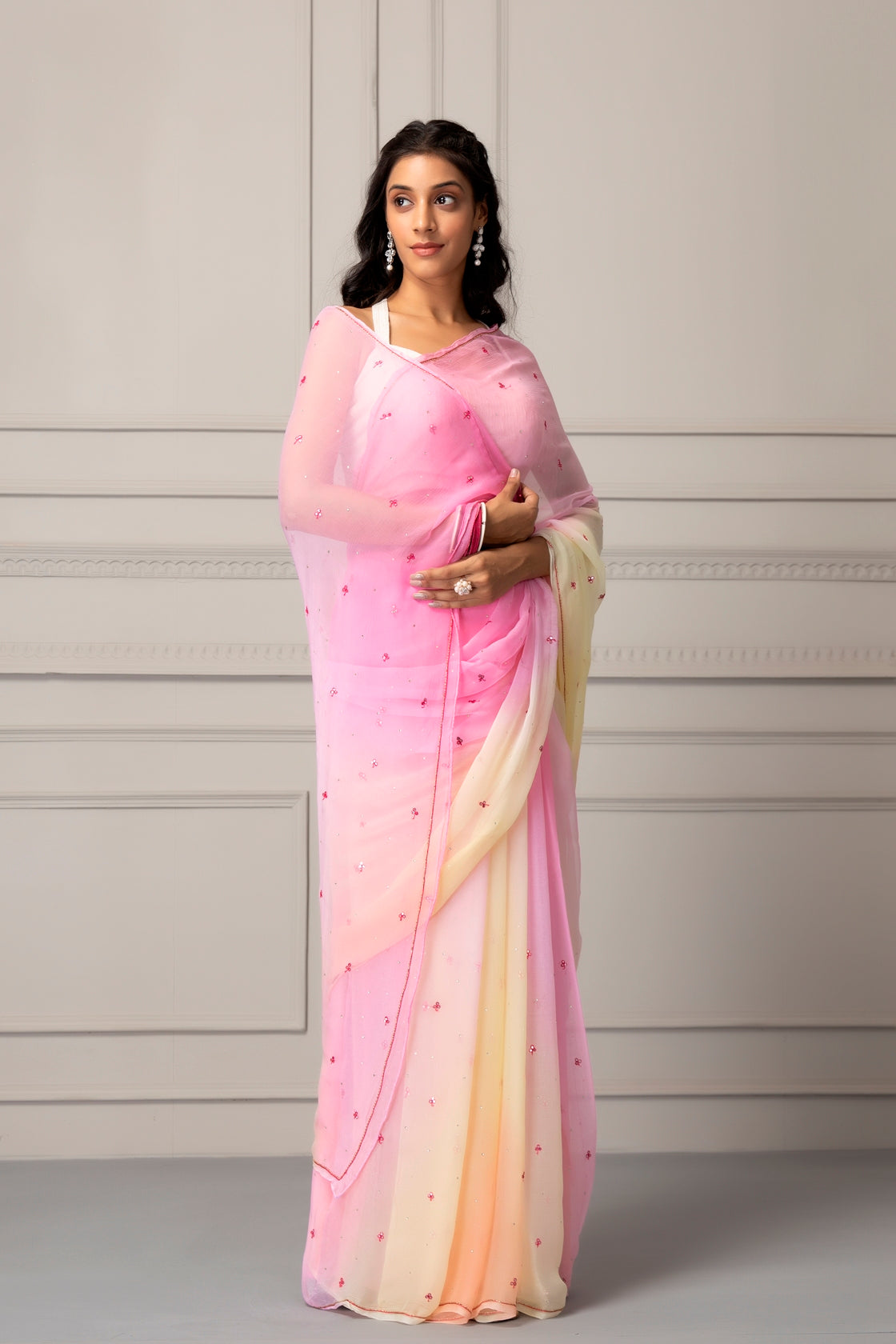 Pastel Pink Shaded Hand Embroidered Chiffon Saree