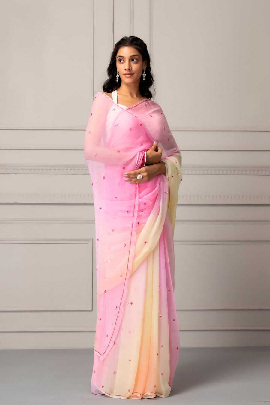Pastel Pink Shaded Hand Embroidered Chiffon Saree