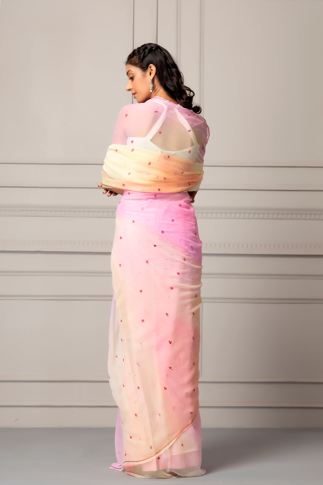 Pastel Pink Shaded Hand Embroidered Chiffon Saree