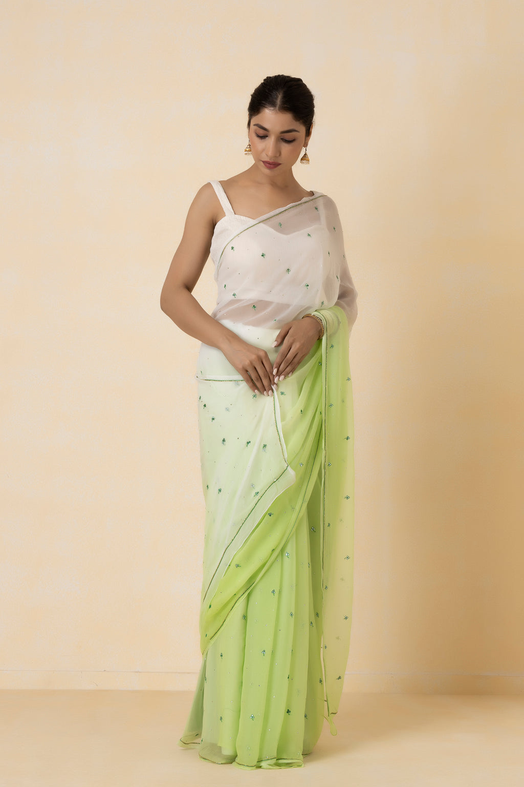 Pastel Green Shaded Hand-Embroidered Chiffon Saree