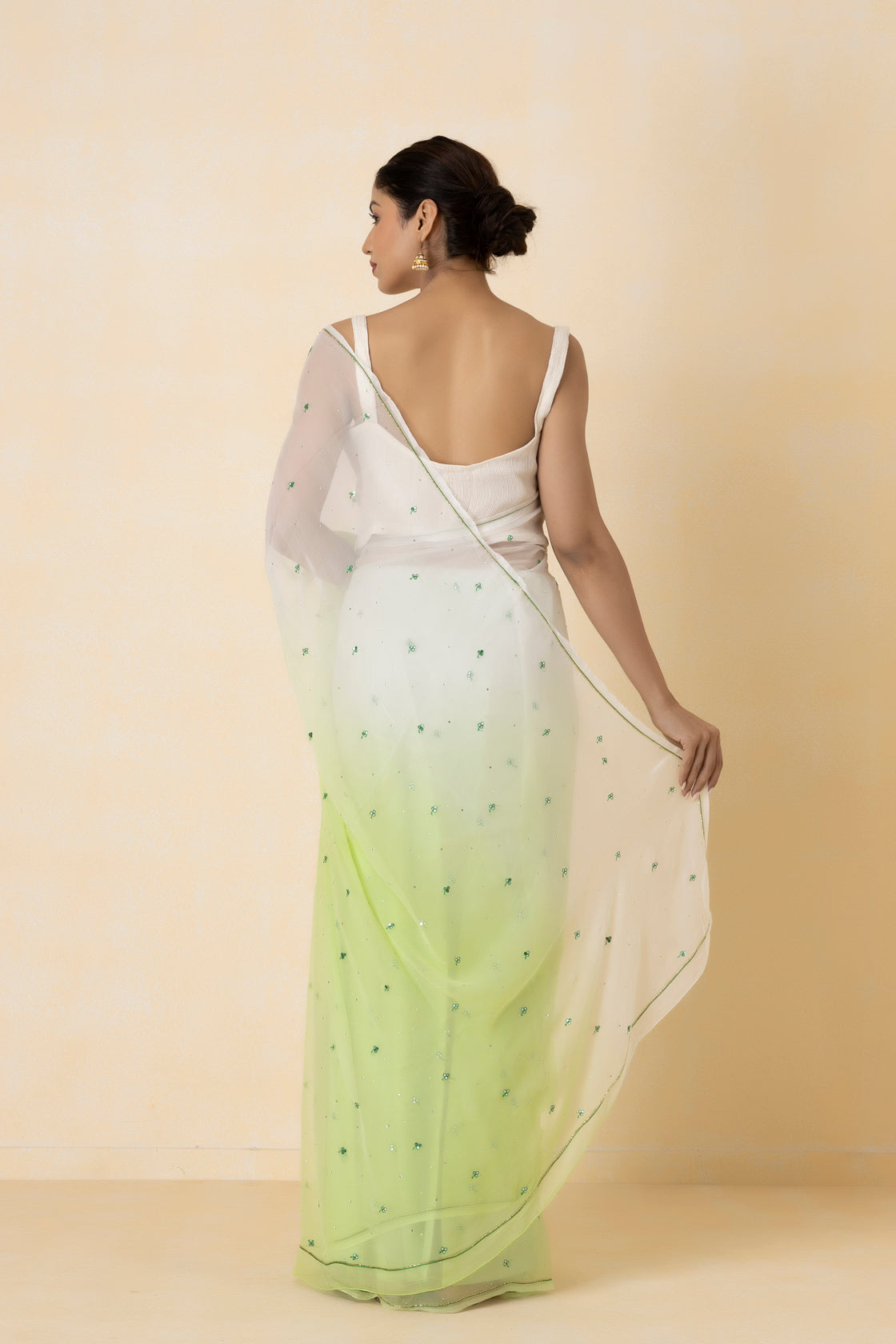 Pastel Green Shaded Hand-Embroidered Chiffon Saree