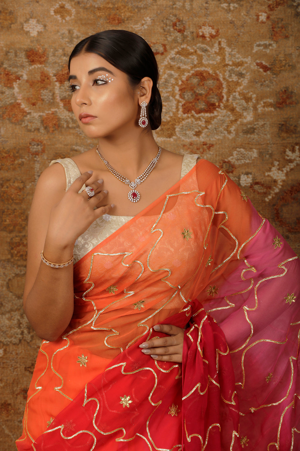 Pink Orange Shaded Gota Patti Jaal Chiffon Saree