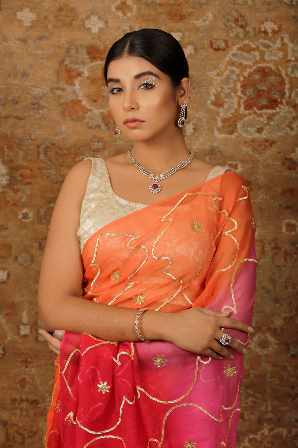 Pink Orange Shaded Gota Patti Jaal Chiffon Saree