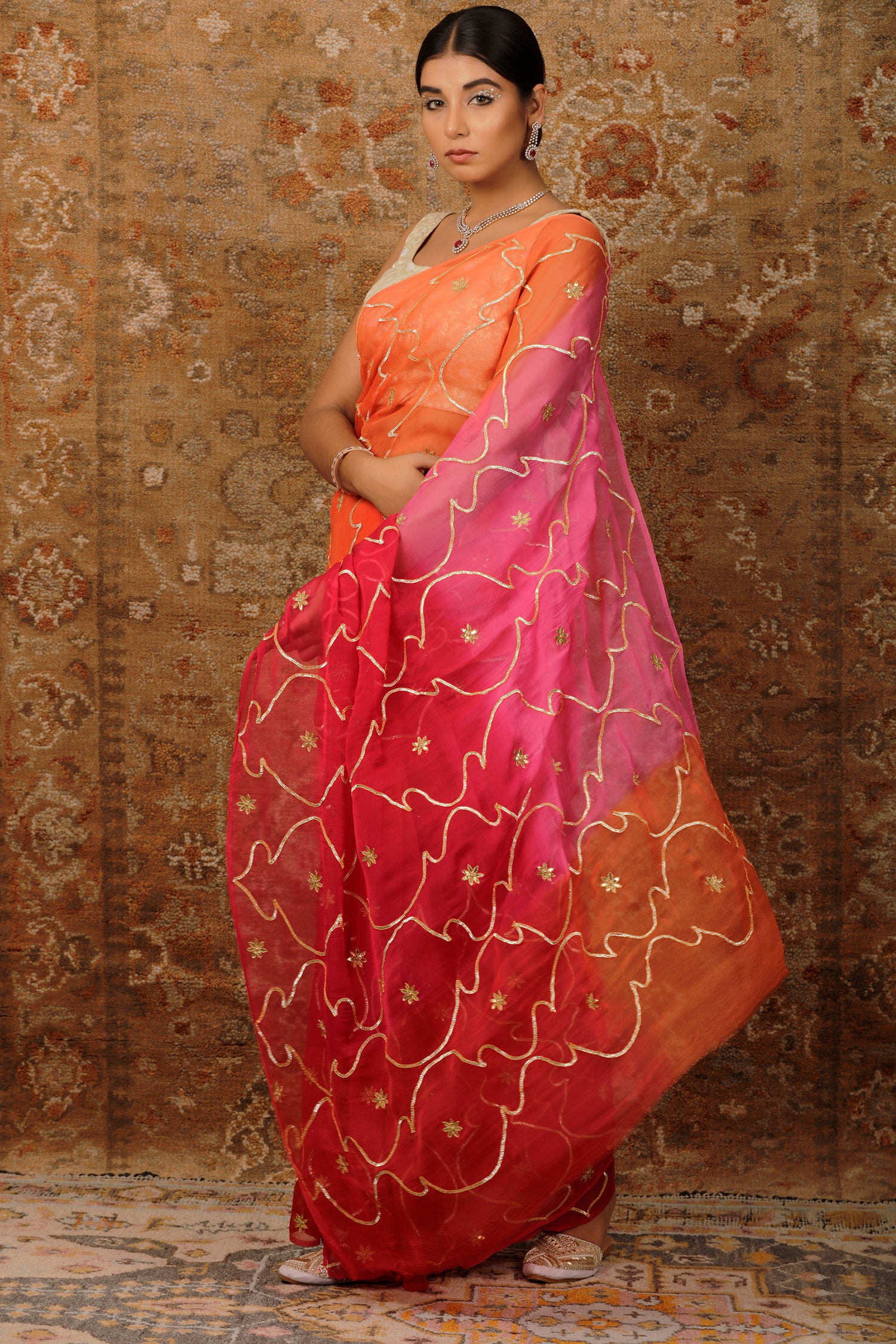 Pink Orange Shaded Gota Patti Jaal Chiffon Saree