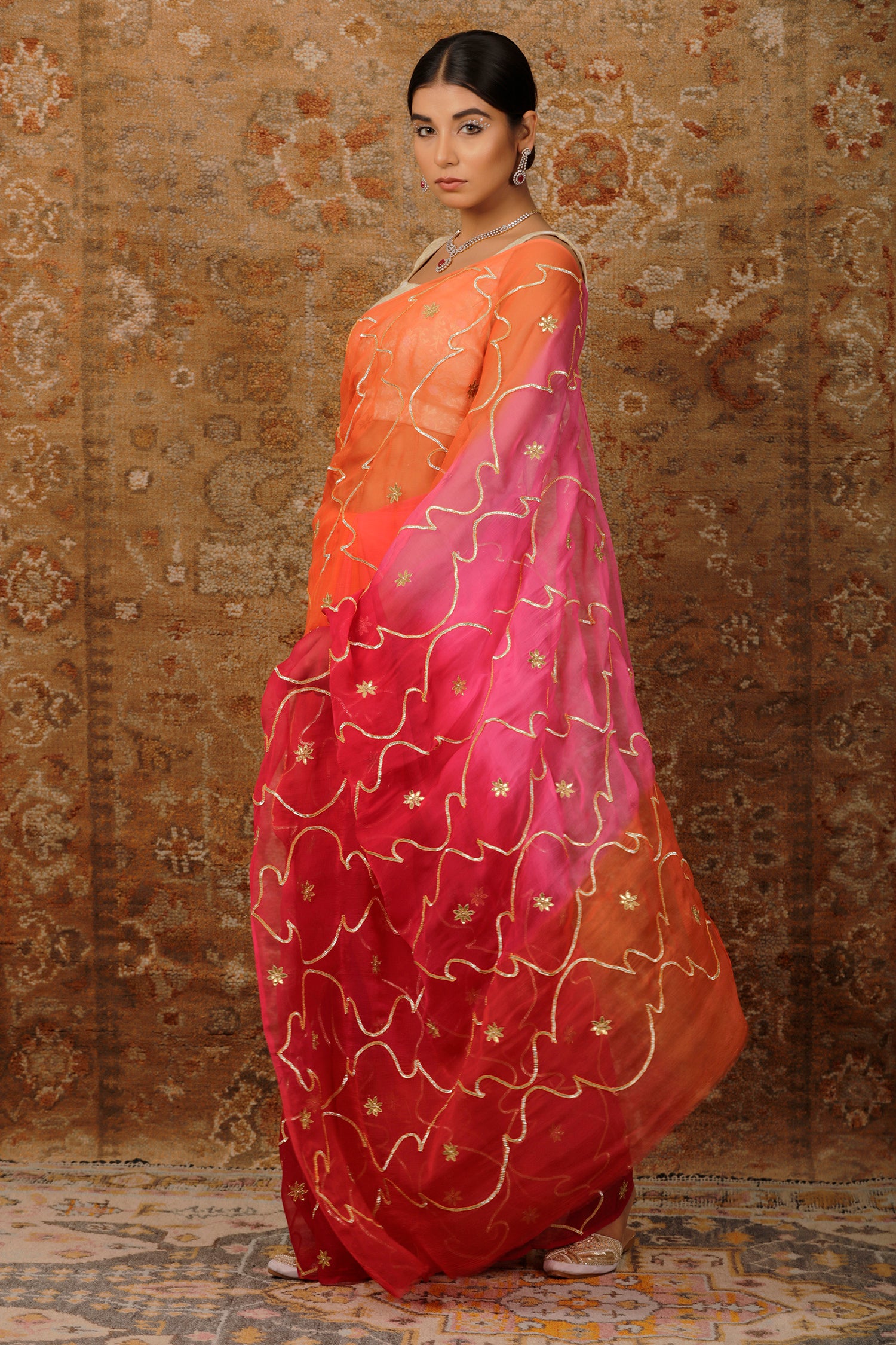 Pink Orange Shaded Gota Patti Jaal Chiffon Saree