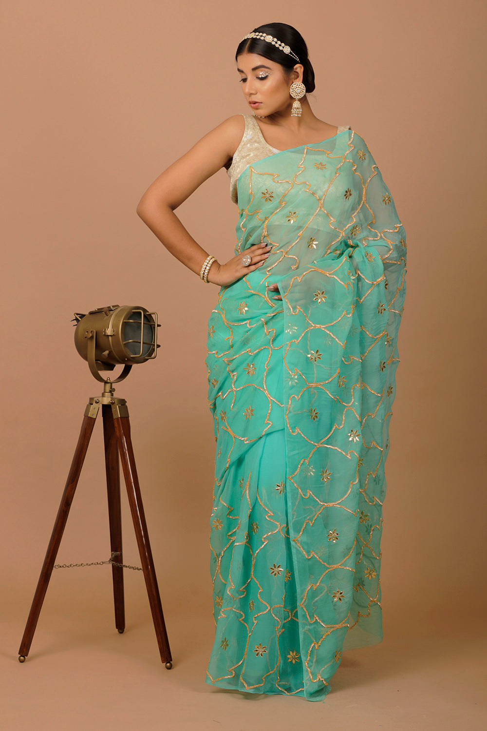 Green Hand Embellished Gota Jaal Chiffon Saree