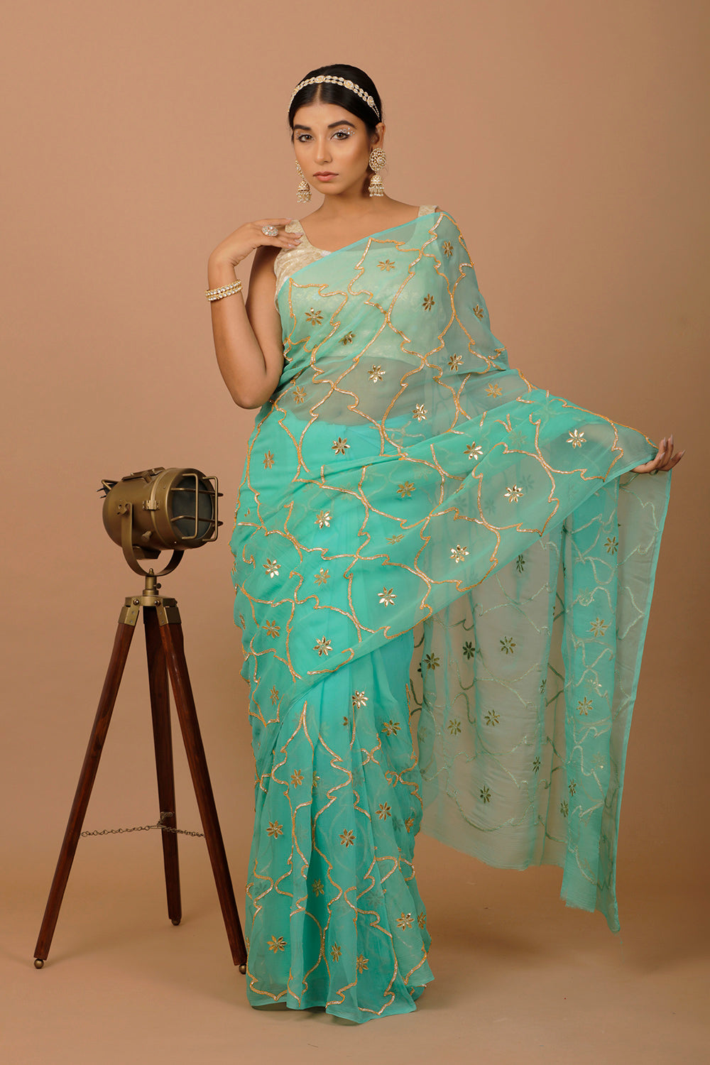 Green Hand Embellished Gota Jaal Chiffon Saree