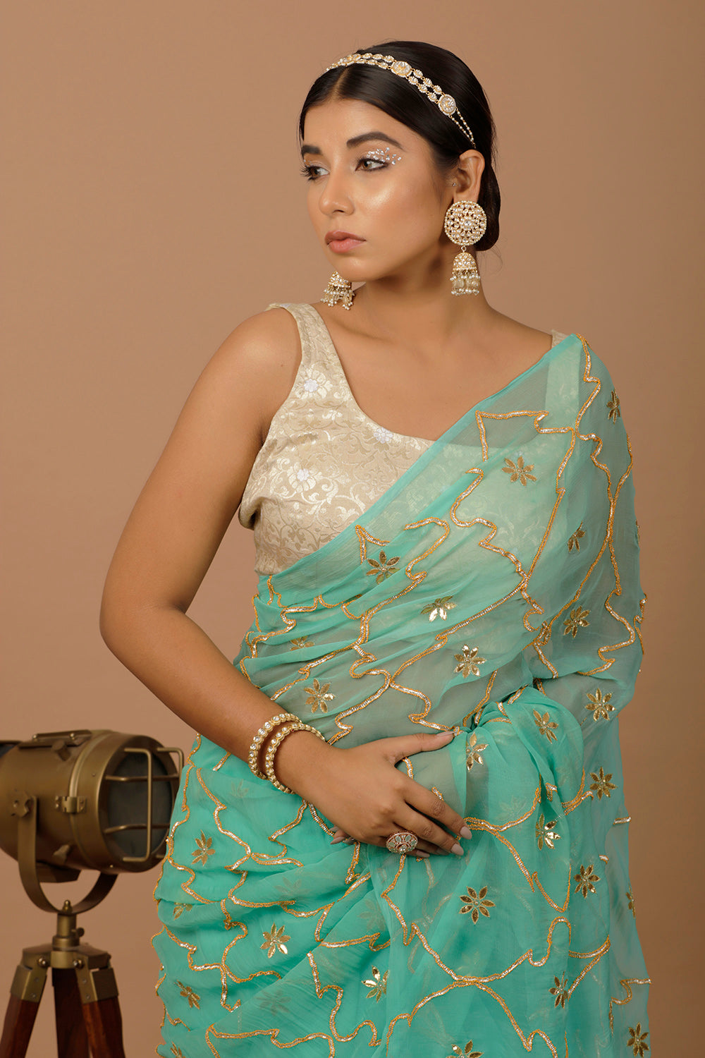 Green Hand Embellished Gota Jaal Chiffon Saree
