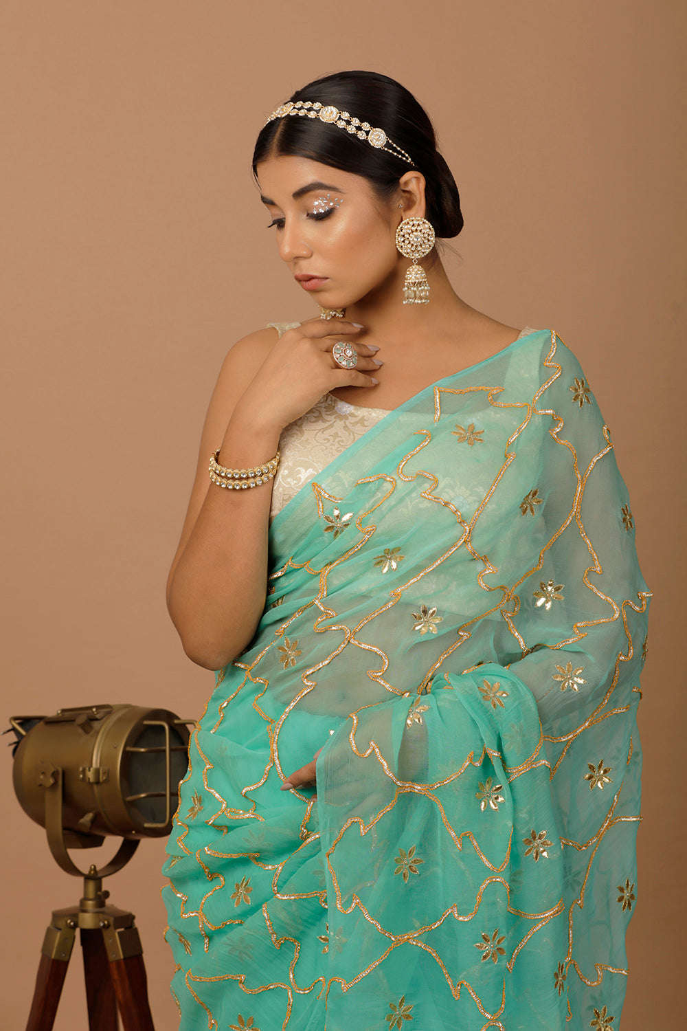 Green Hand Embellished Gota Jaal Chiffon Saree