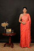 Coral Orange Chiffon Hand Embroidered Saree