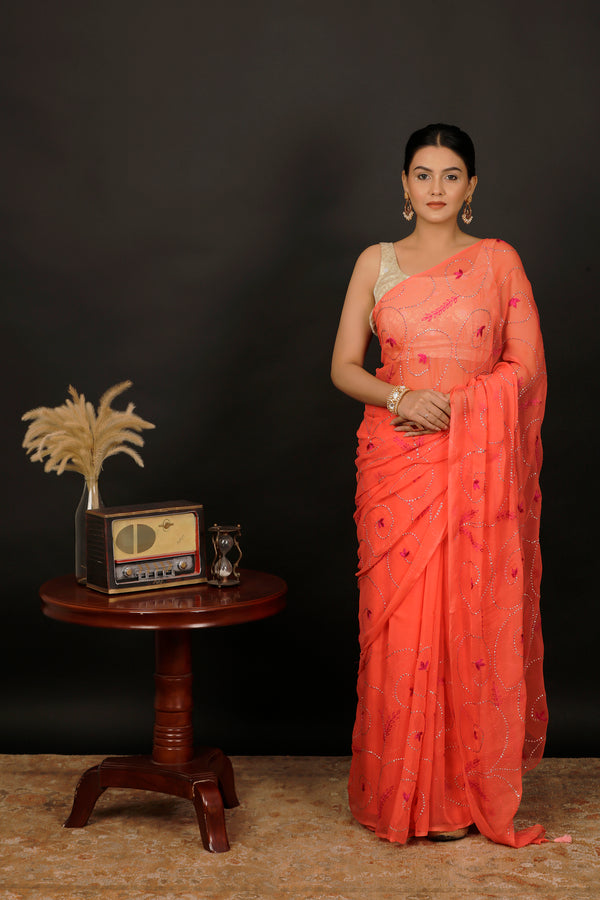 Coral Orange Chiffon Hand Embroidered Saree