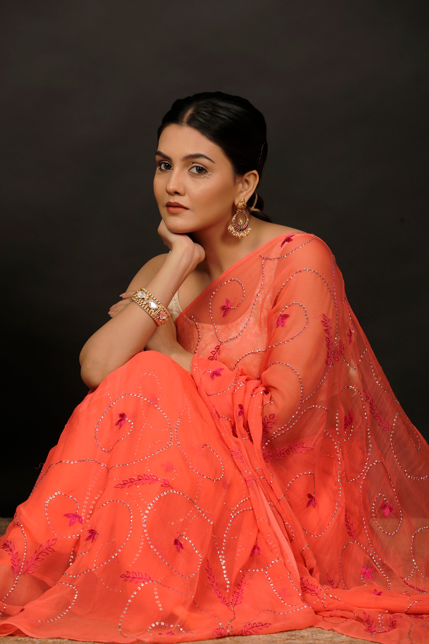 Coral Orange Chiffon Hand Embroidered Saree