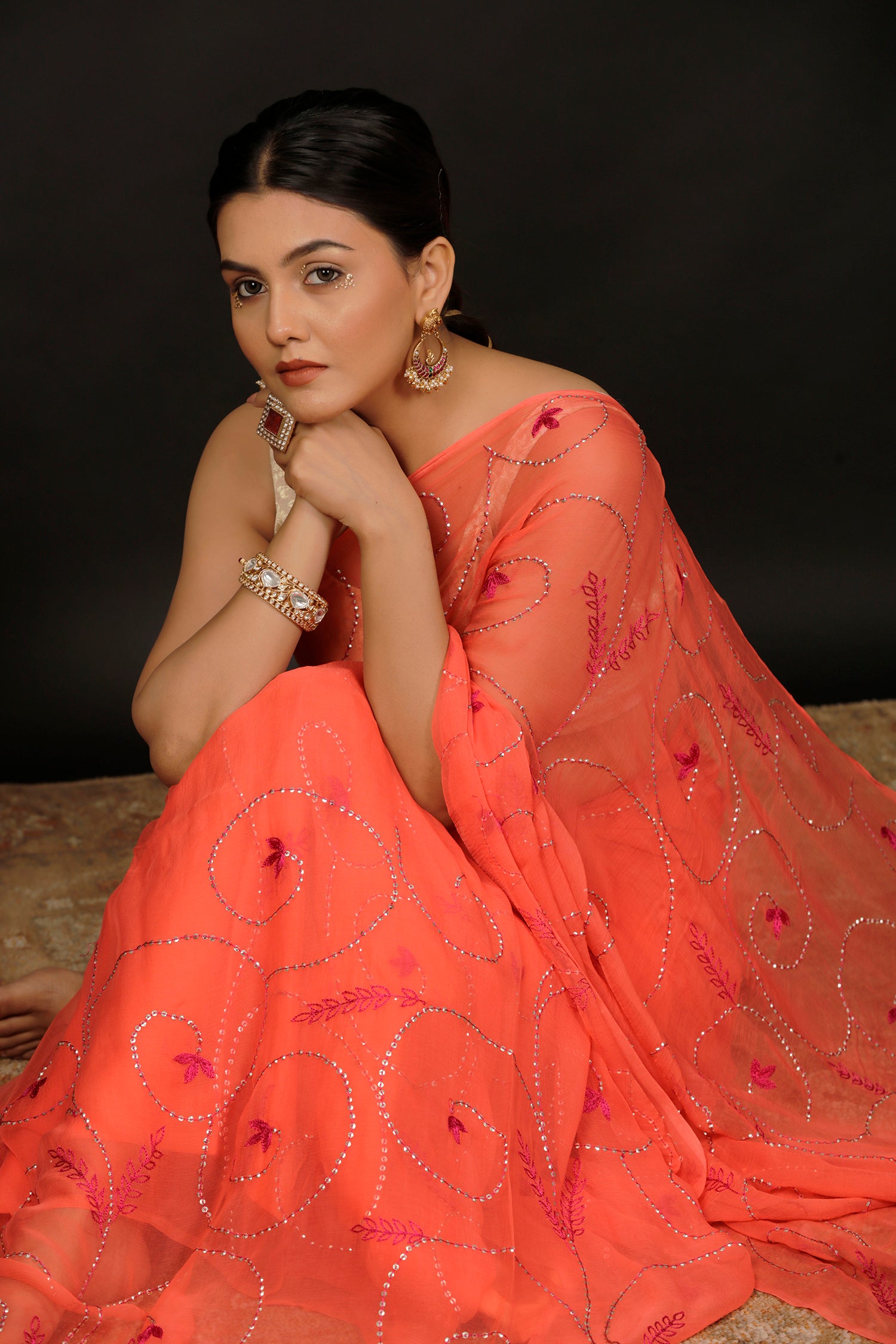 Coral Orange Chiffon Hand Embroidered Saree