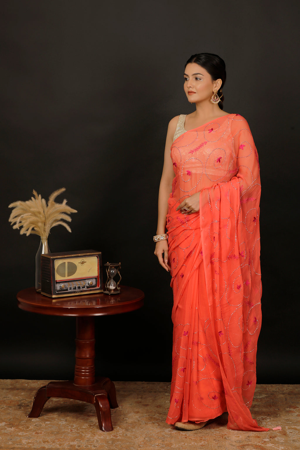 Coral Orange Chiffon Hand Embroidered Saree