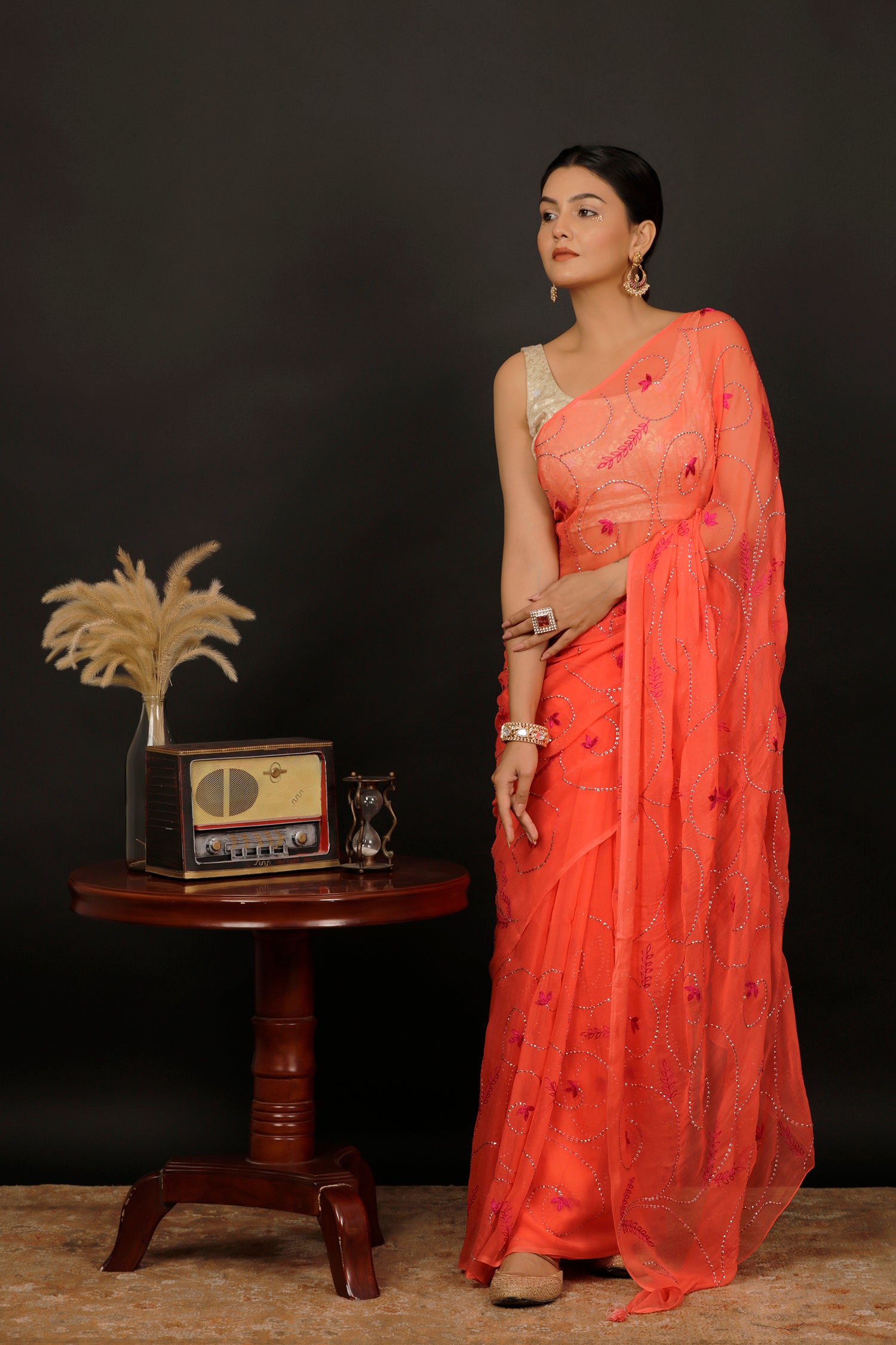 Coral Orange Chiffon Hand Embroidered Saree