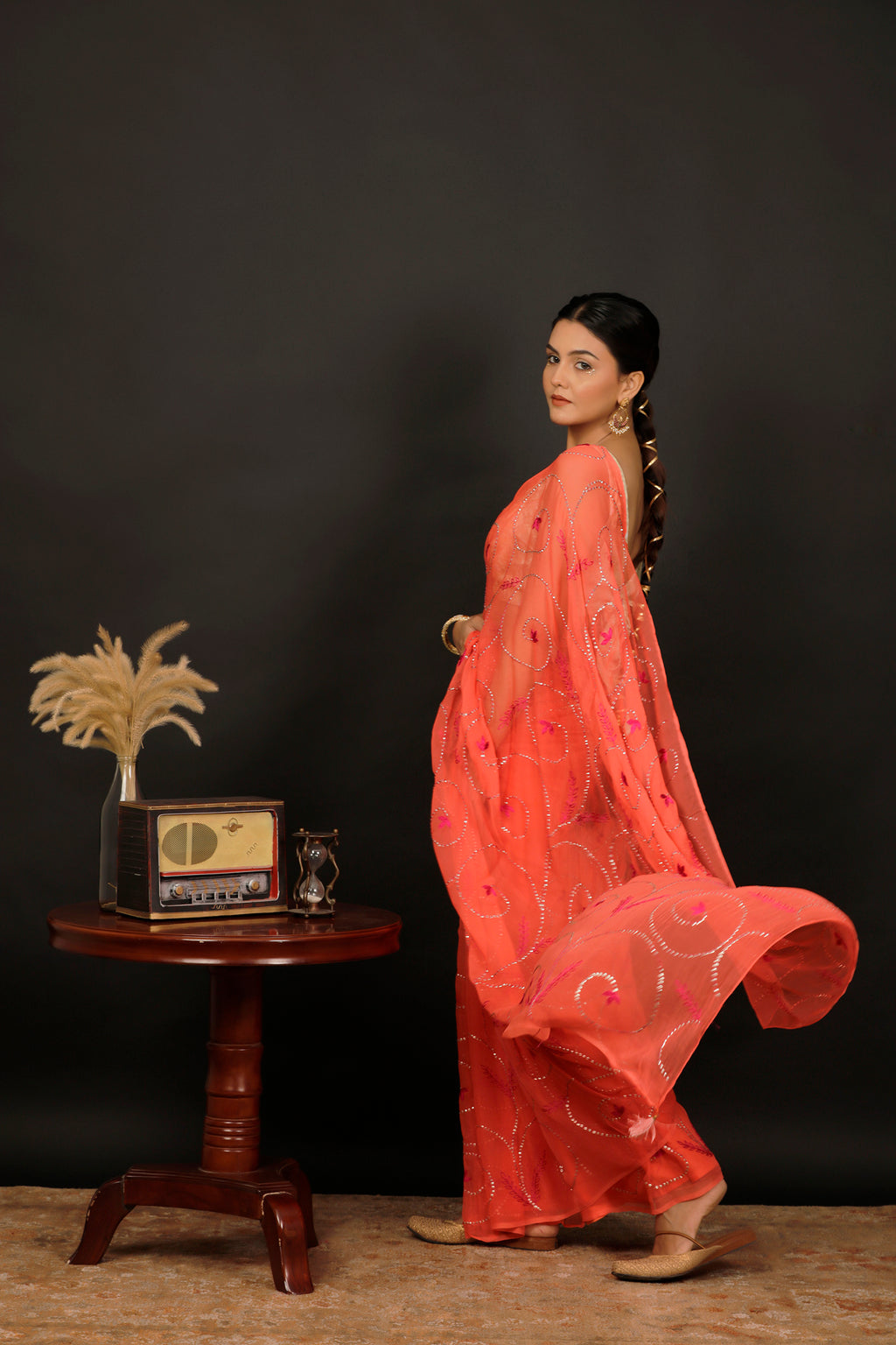 Coral Orange Chiffon Hand Embroidered Saree