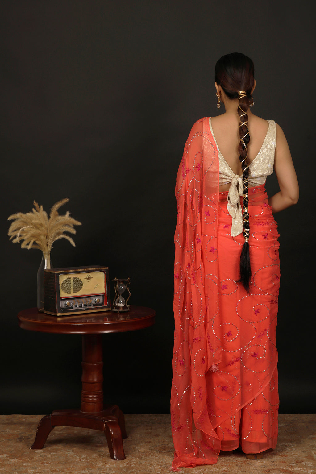 Coral Orange Chiffon Hand Embroidered Saree