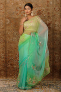 Green Shaded Handcrafted Gota Patti Chiffon Saree
