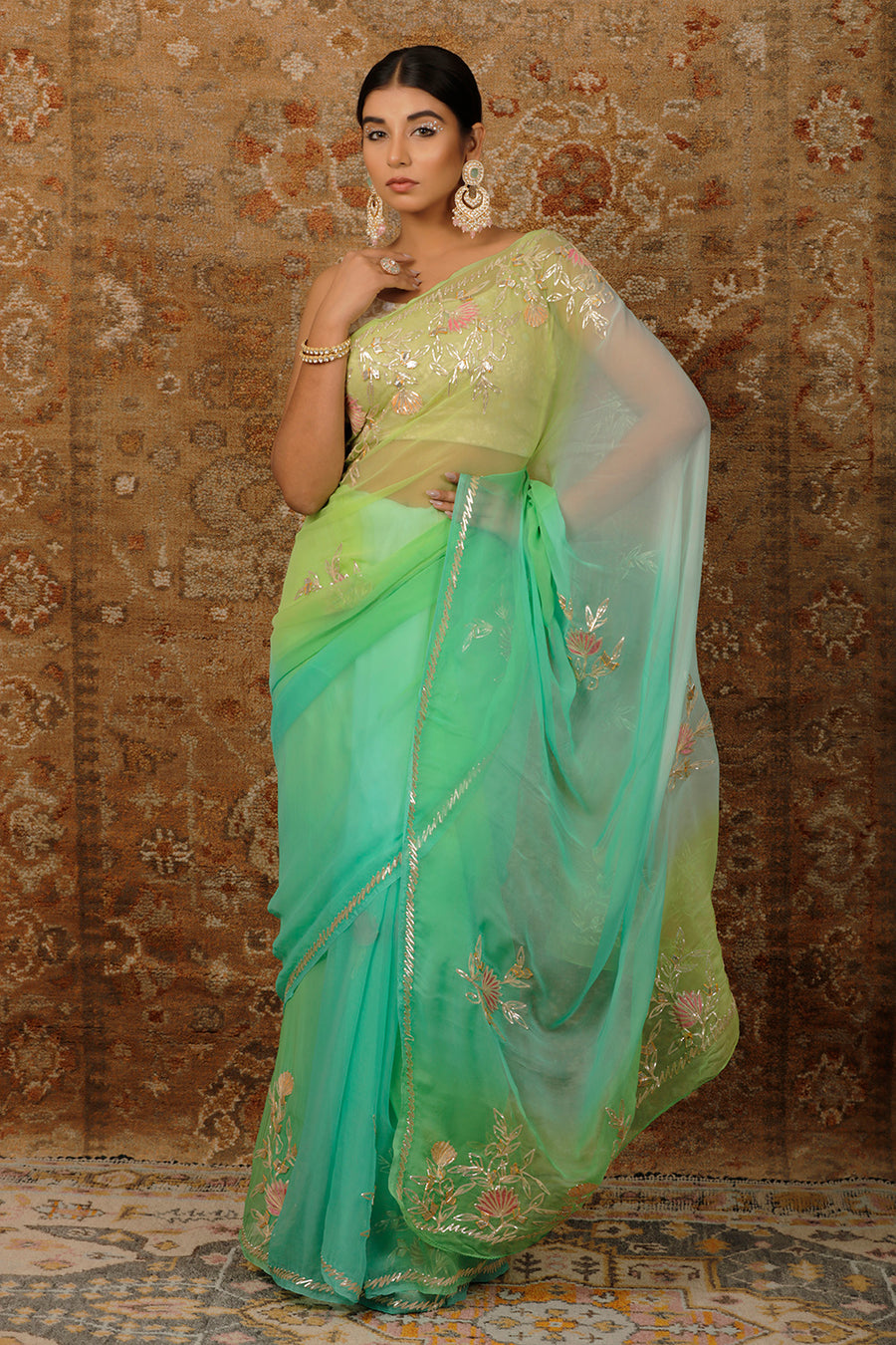 Green Shaded Handcrafted Gota Patti Chiffon Saree