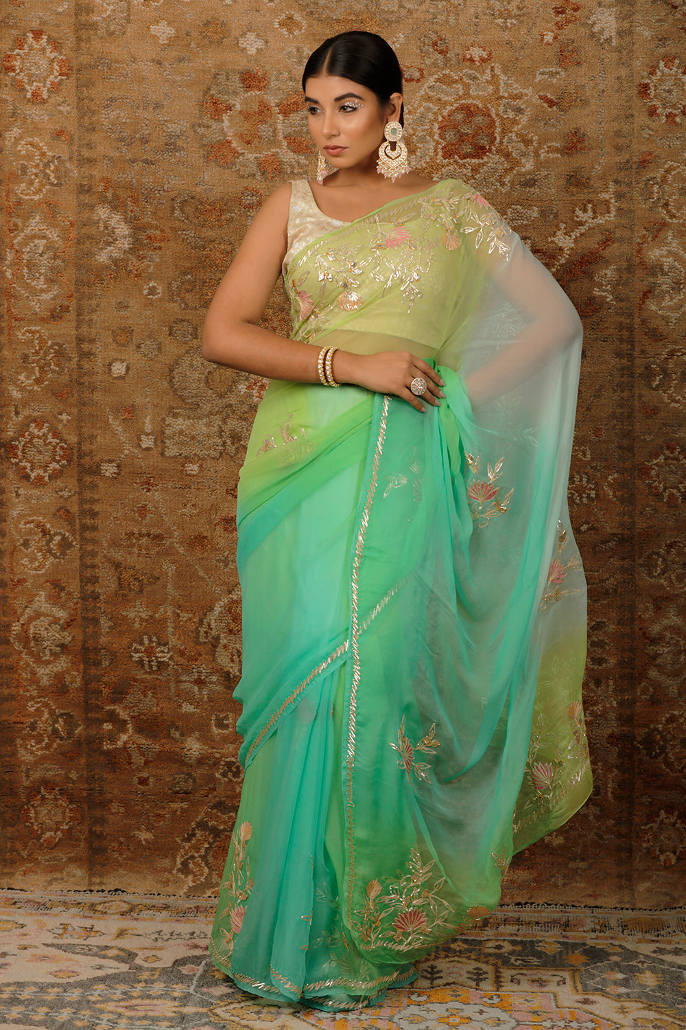 Green Shaded Handcrafted Gota Patti Chiffon Saree