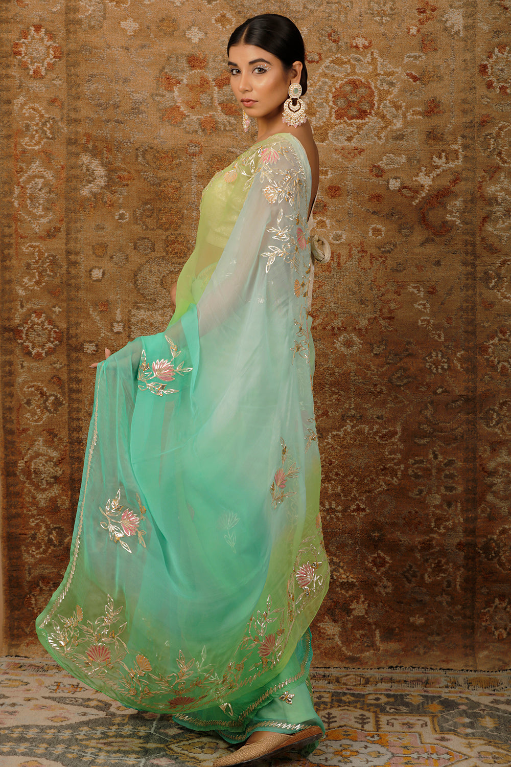 Green Shaded Handcrafted Gota Patti Chiffon Saree