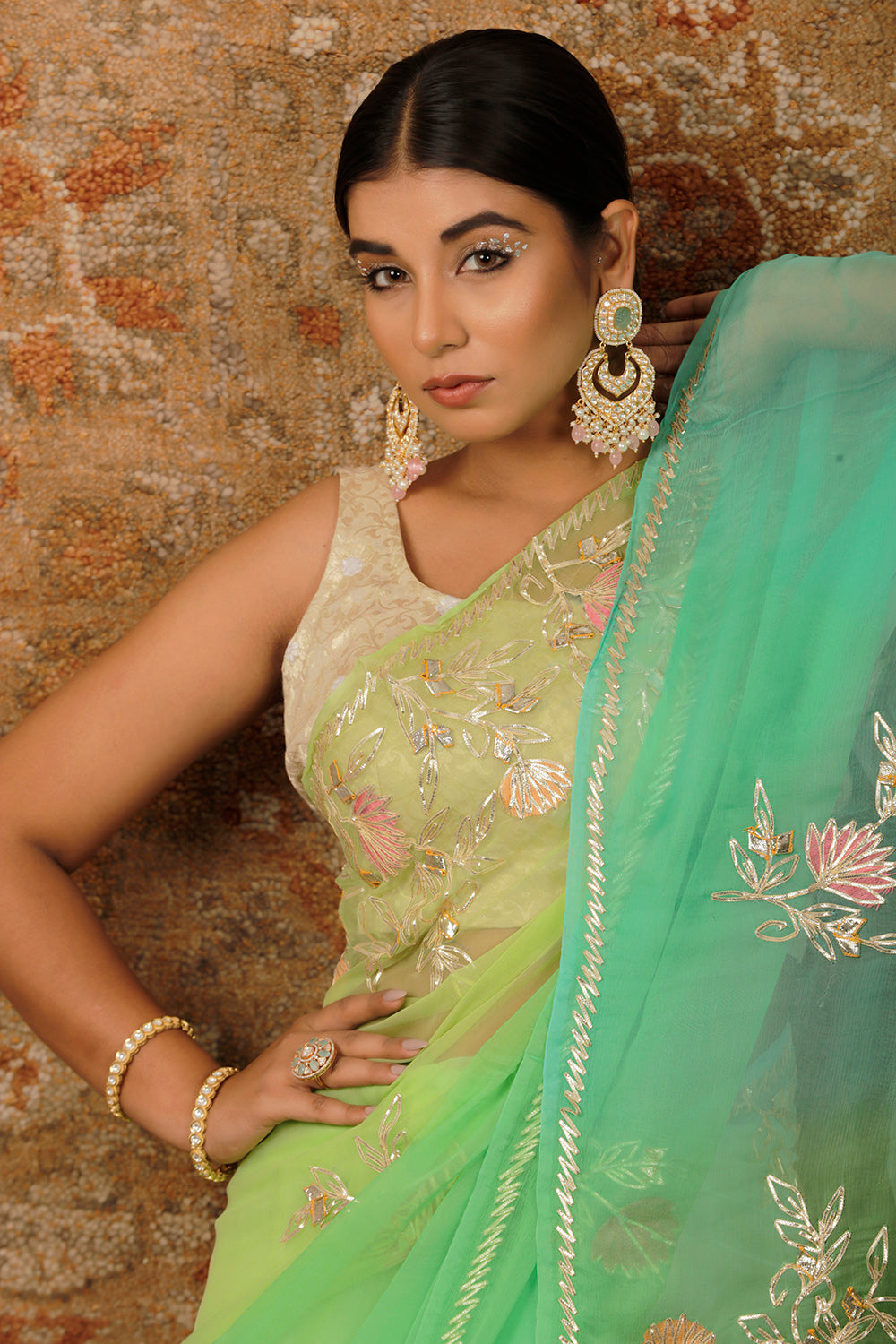 Green Shaded Handcrafted Gota Patti Chiffon Saree
