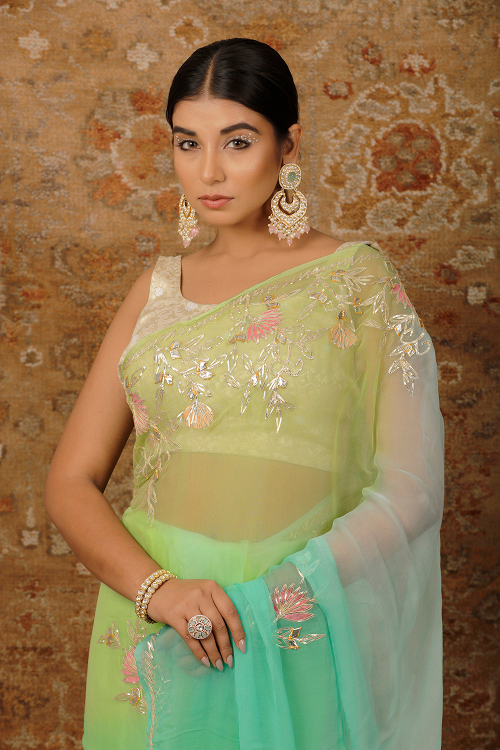 Green Shaded Handcrafted Gota Patti Chiffon Saree