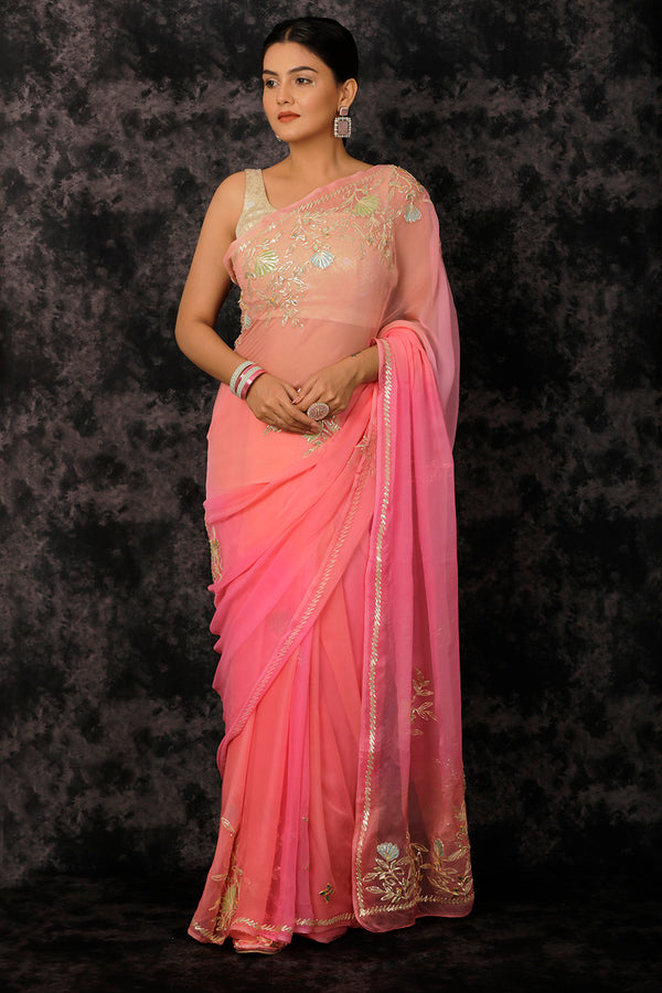 Pink Embellished Gota Patti Ombre Chiffon Saree