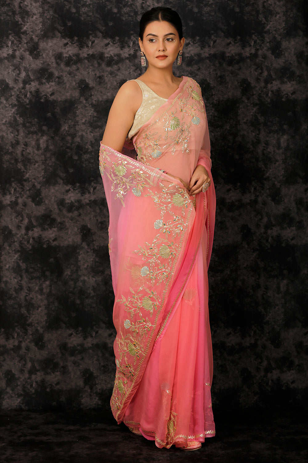 Pink Embellished Gota Patti Ombre Chiffon Saree