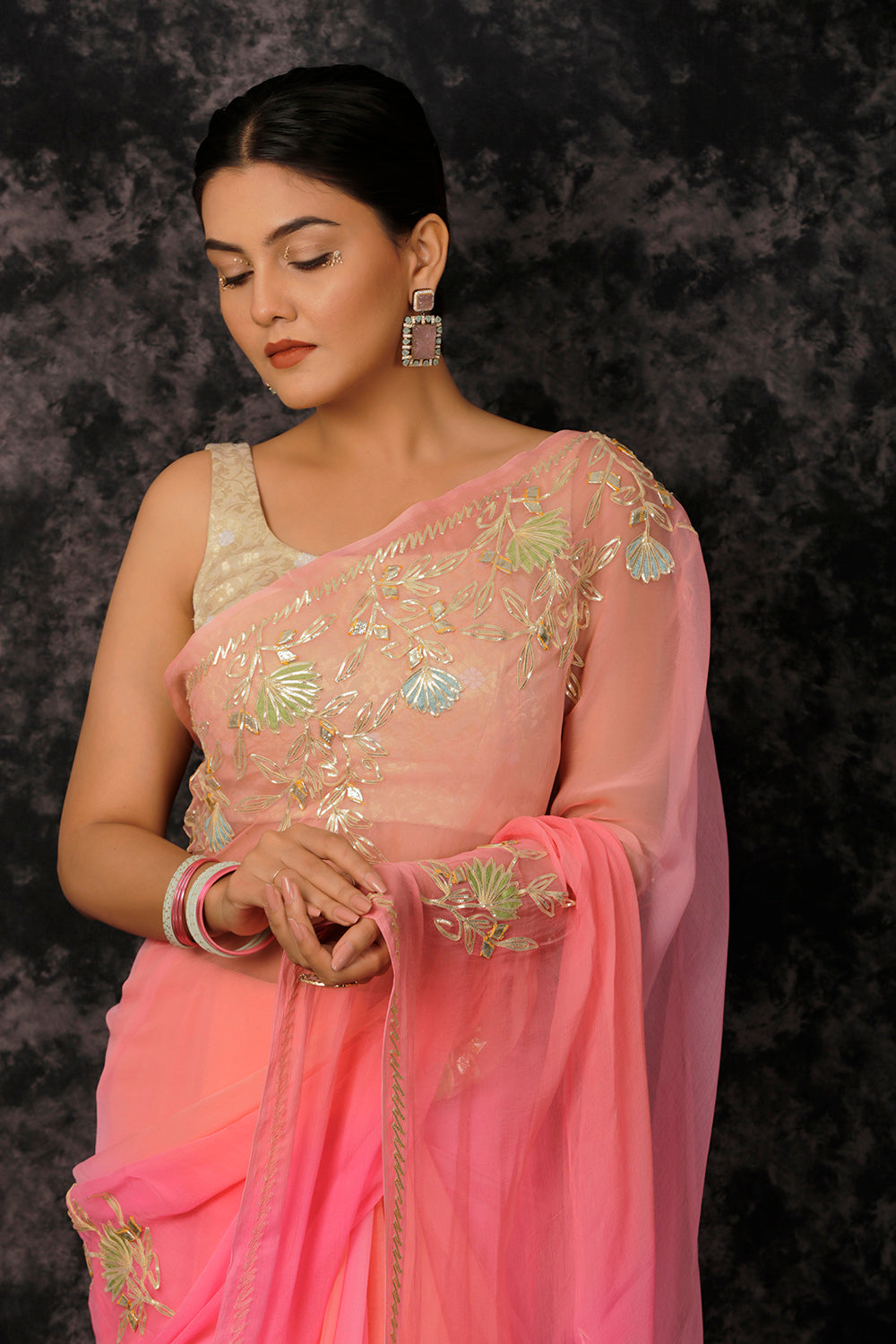 Pink Embellished Gota Patti Ombre Chiffon Saree