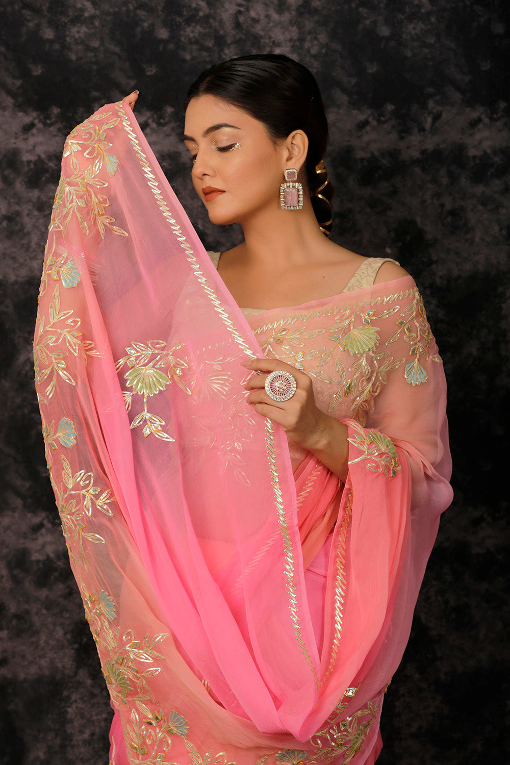 Pink Embellished Gota Patti Ombre Chiffon Saree