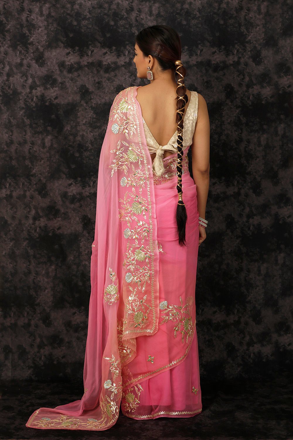 Pink Embellished Gota Patti Ombre Chiffon Saree