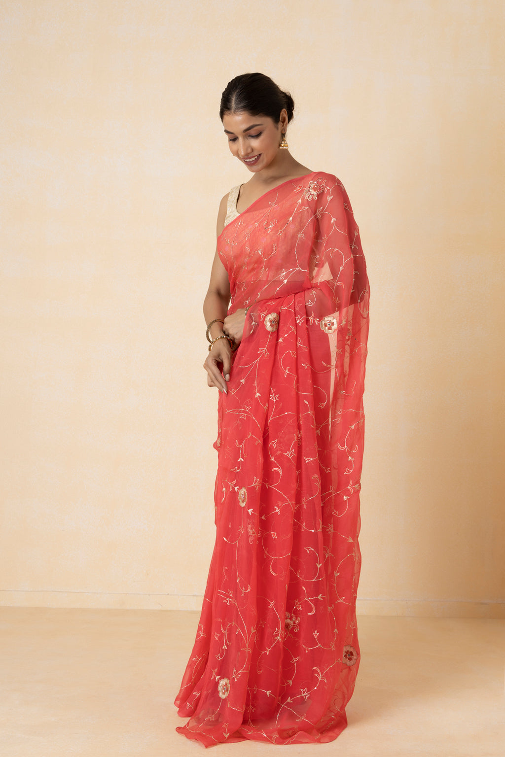 Peach Hand Embroidered Aari Work Chiffon Saree