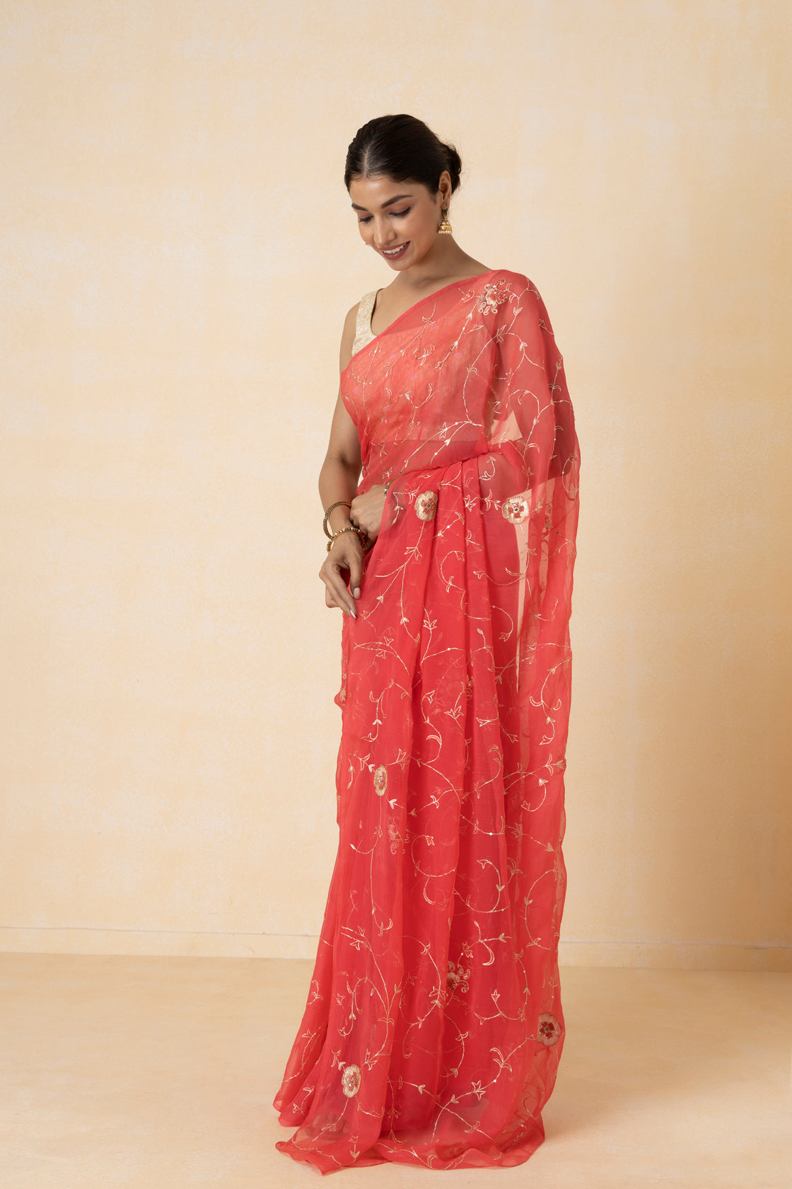 Peach Hand Embroidered Aari Work Chiffon Saree