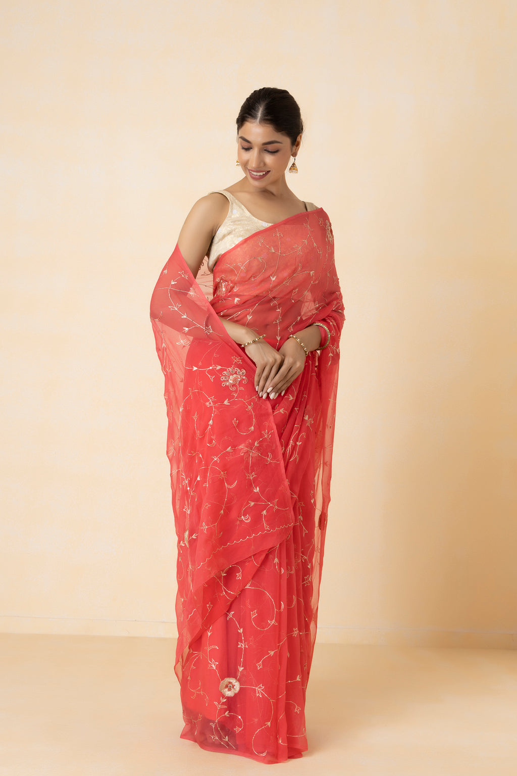 Peach Hand Embroidered Aari Work Chiffon Saree