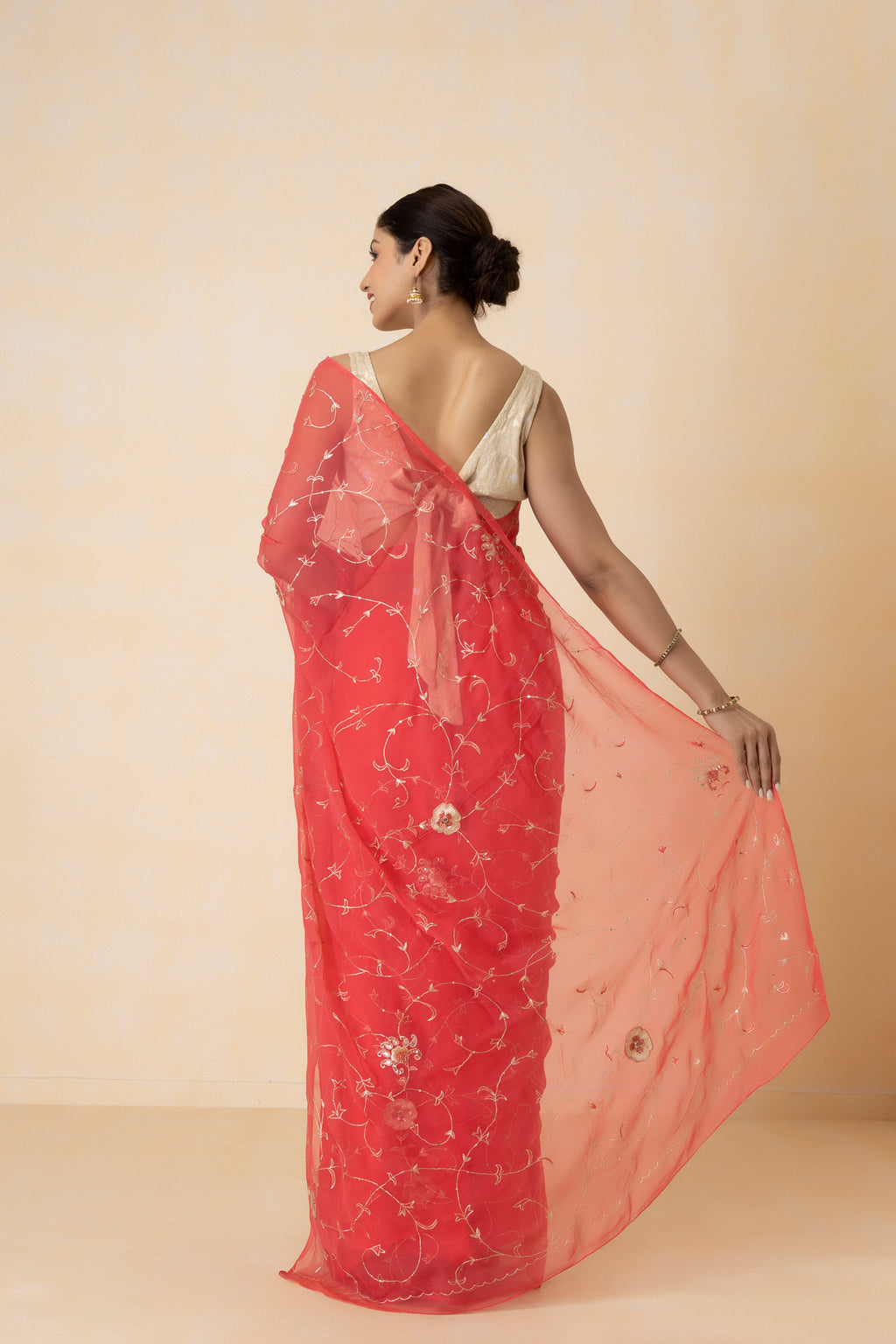 Peach Hand Embroidered Aari Work Chiffon Saree