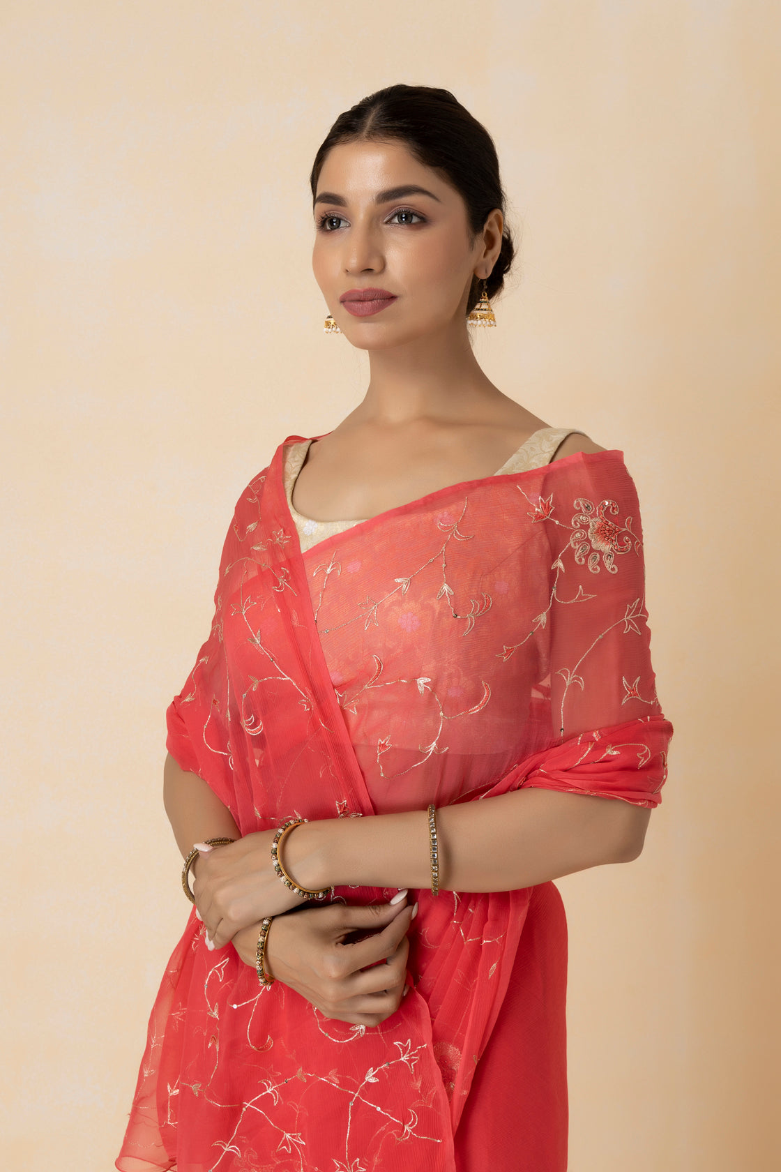 Peach Hand Embroidered Aari Work Chiffon Saree