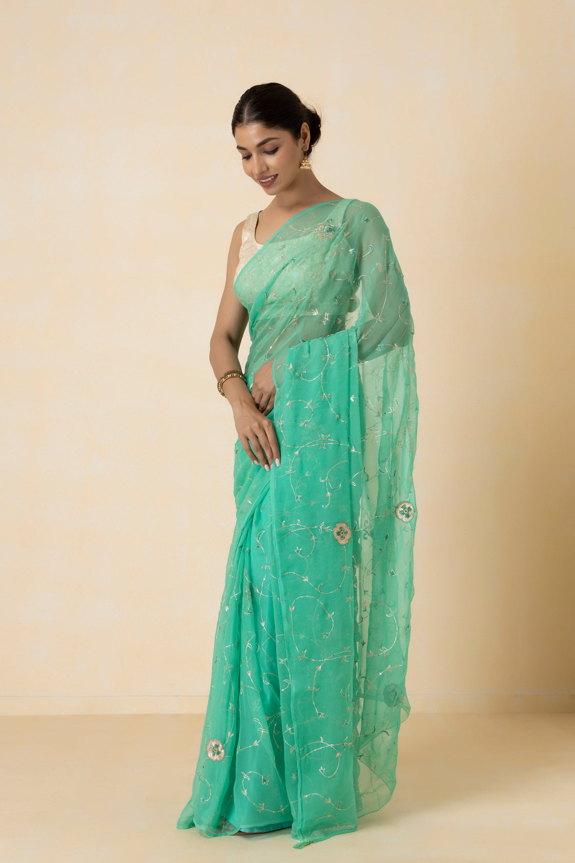 Green Hand Embroidered Aari Work Chiffon Saree