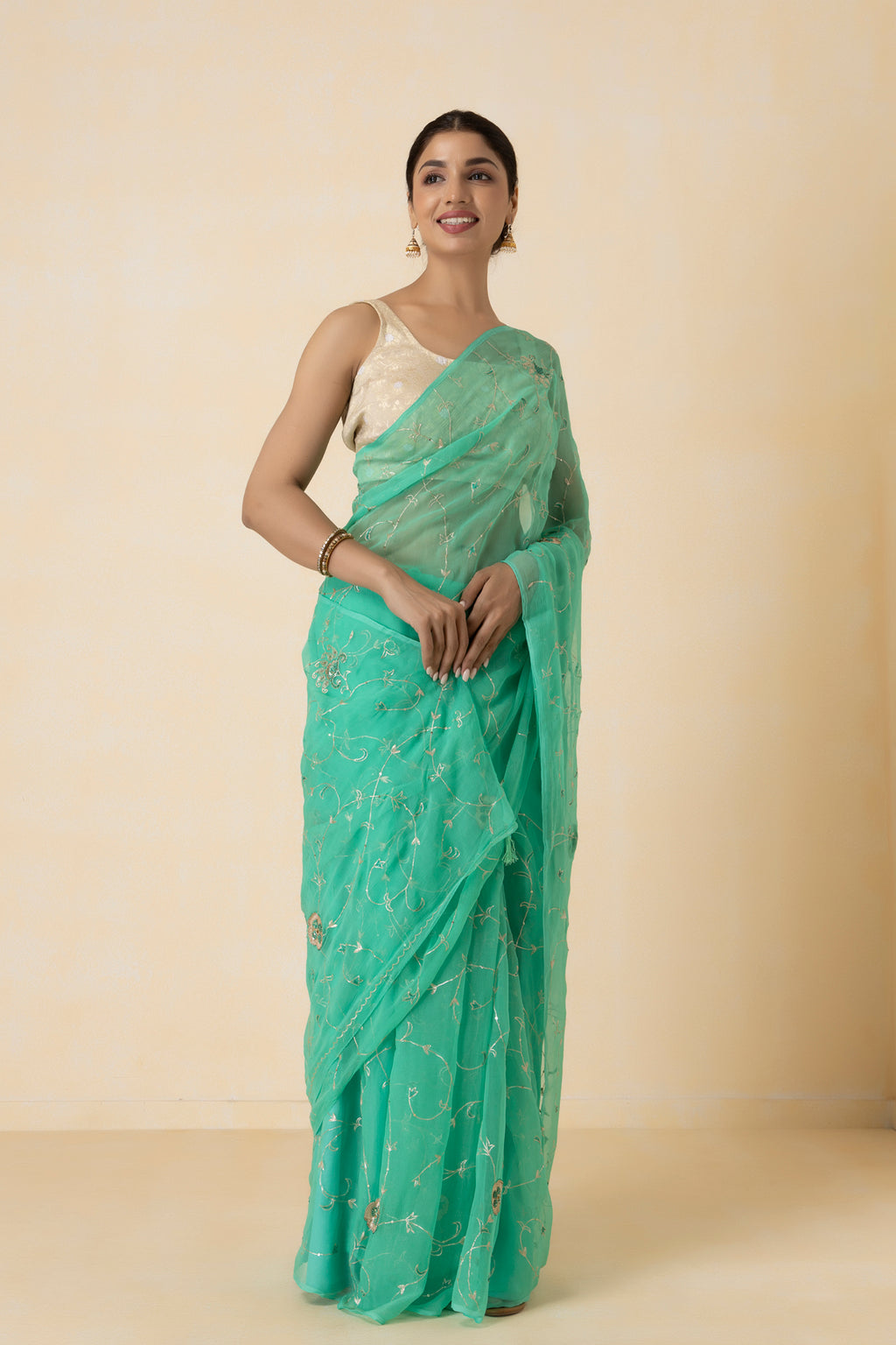Green Hand Embroidered Aari Work Chiffon Saree