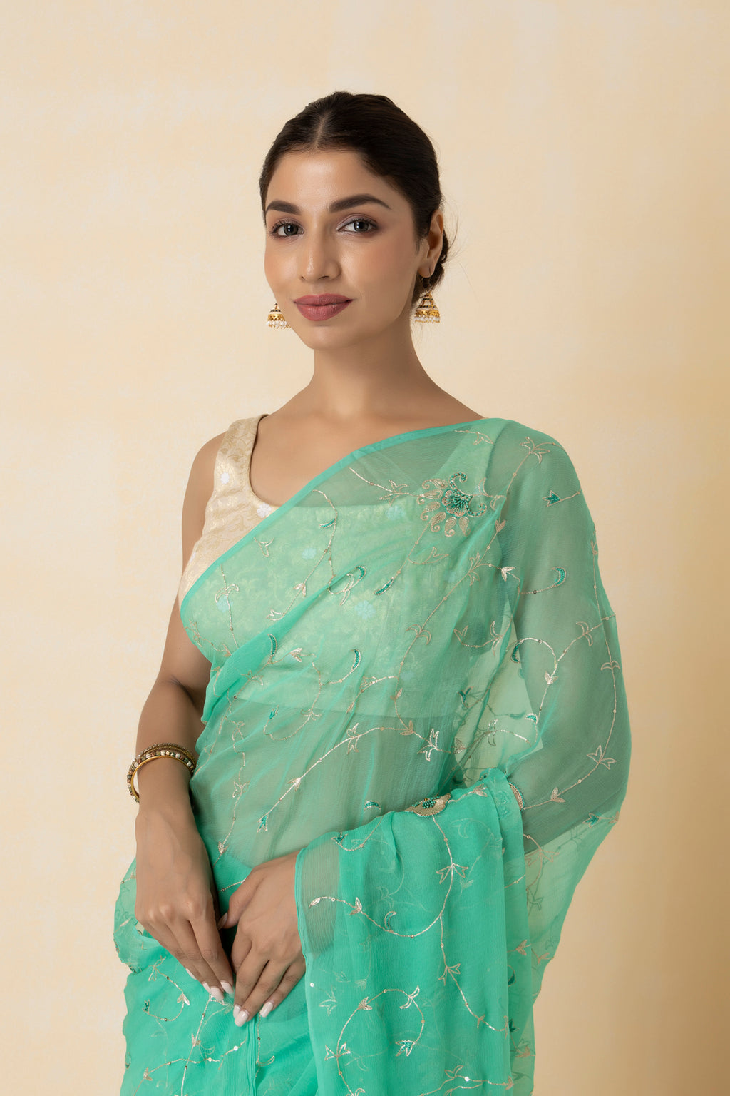 Green Hand Embroidered Aari Work Chiffon Saree