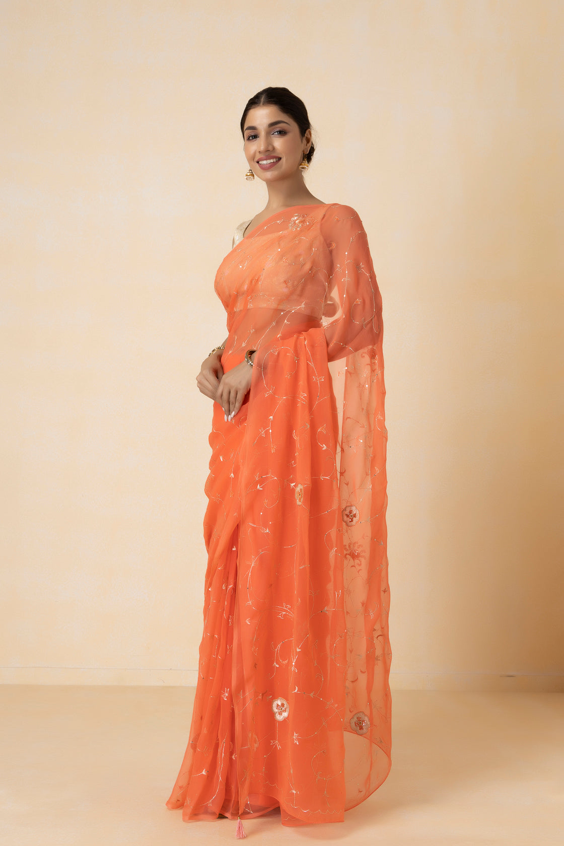 Orange Hand Embroidered Aari Work Chiffon Saree