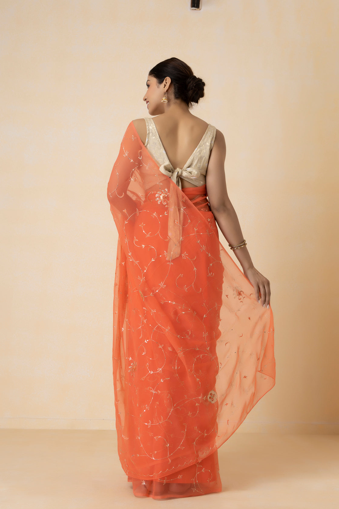 Orange Hand Embroidered Aari Work Chiffon Saree