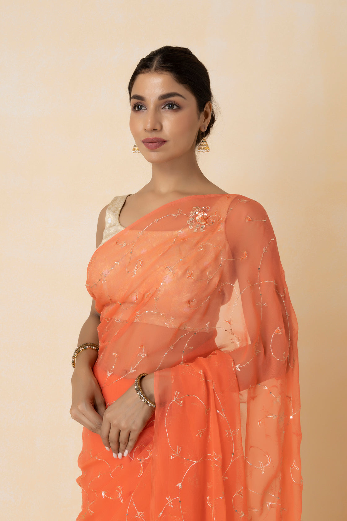 Orange Hand Embroidered Aari Work Chiffon Saree