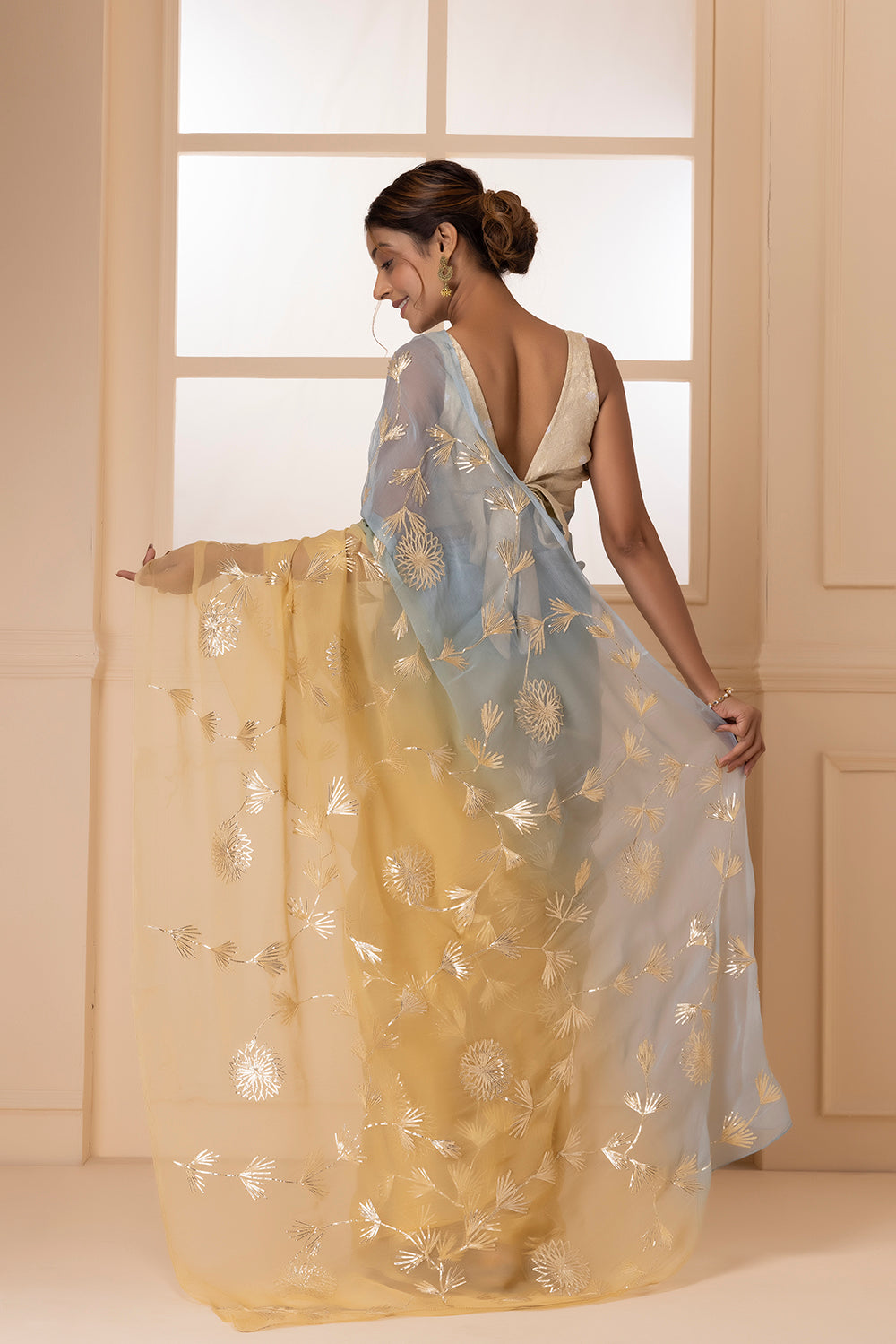 Yellow-Grey Shaded Handcrafted Gota Patti Chiffon Saree
