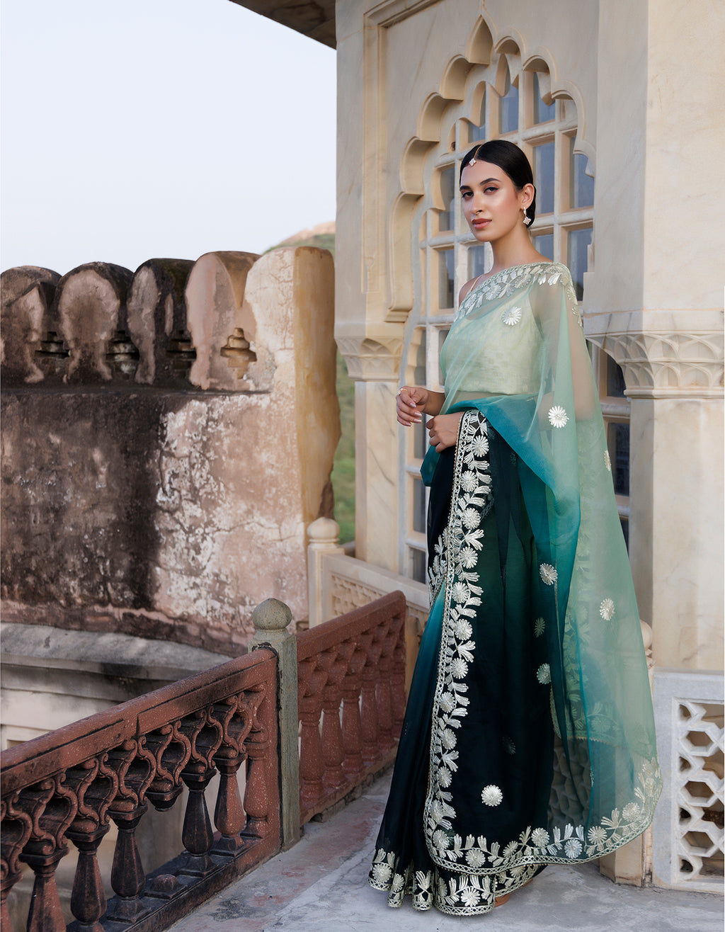 Green Shaded Handcrafted Gota Patti Organza Saree