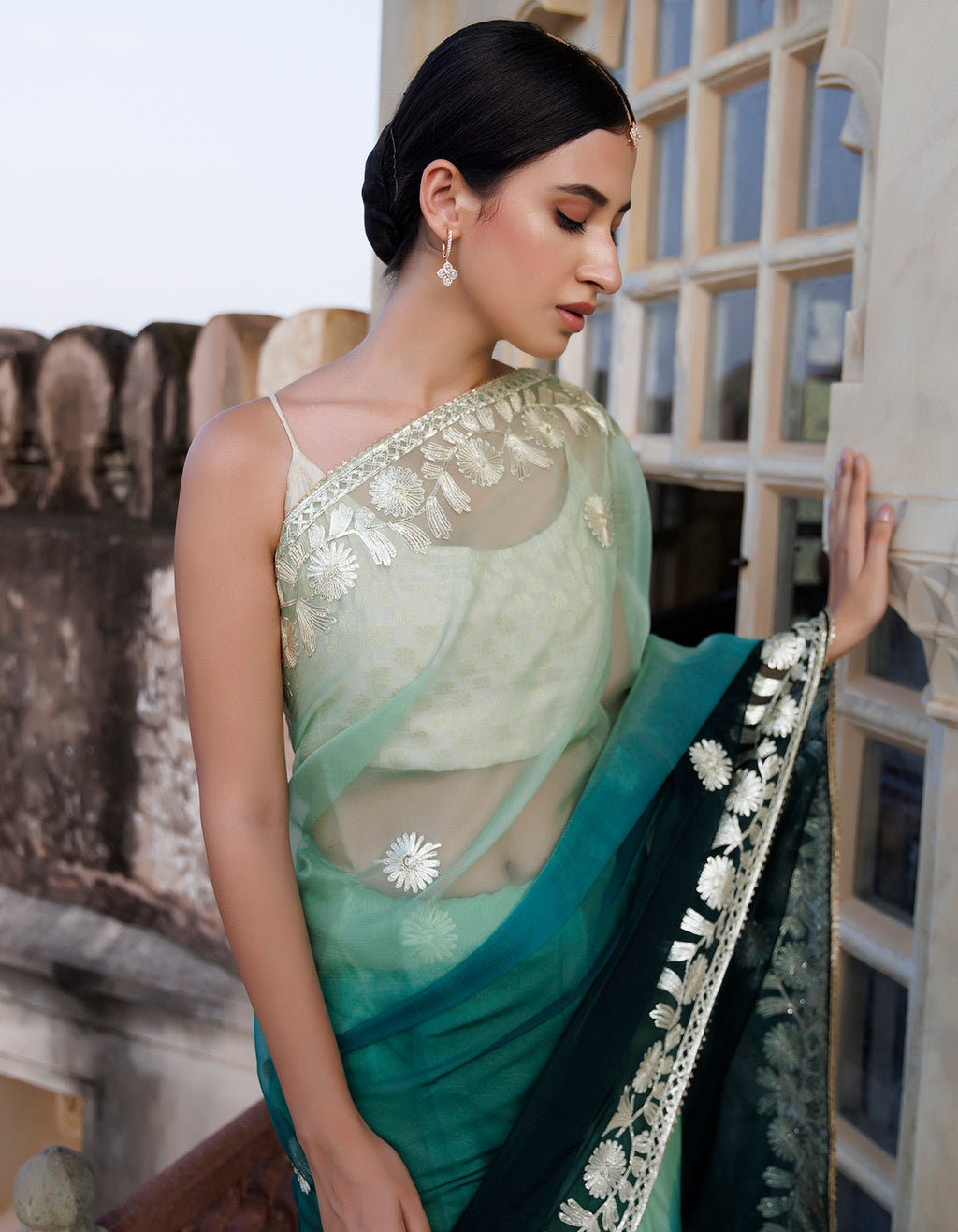 Green Shaded Handcrafted Gota Patti Organza Saree