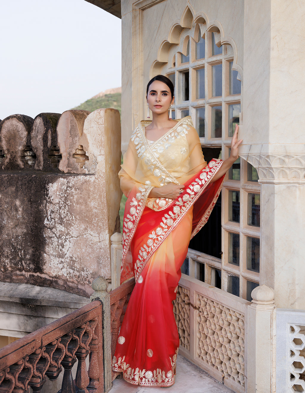 Red Yellow Shaded Handcrafted Gota Patti Organza Saree