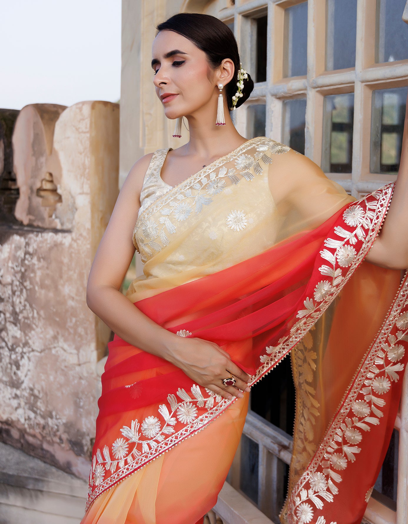 Red Yellow Shaded Handcrafted Gota Patti Organza Saree