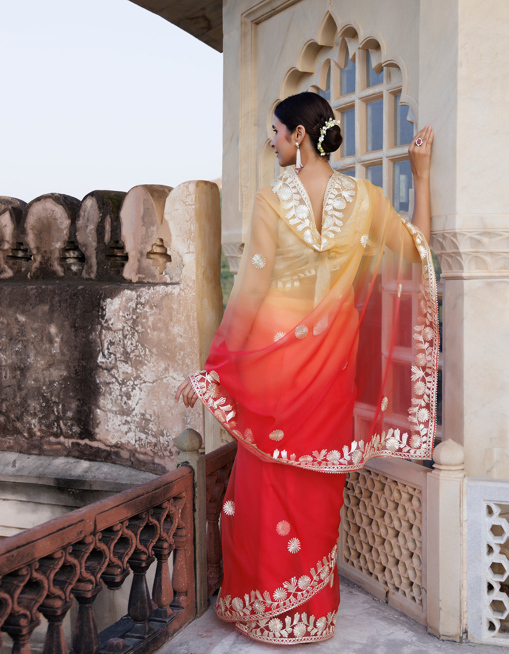 Red Yellow Shaded Handcrafted Gota Patti Organza Saree